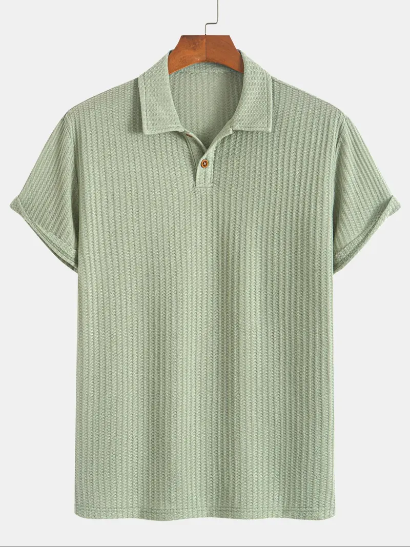 Men's Plain Jacquard Knit Polo Shirt, Regular Fit Casual Short Sleeve Button Front Green Top for Summer, Fashion Clothes for Daily Wear