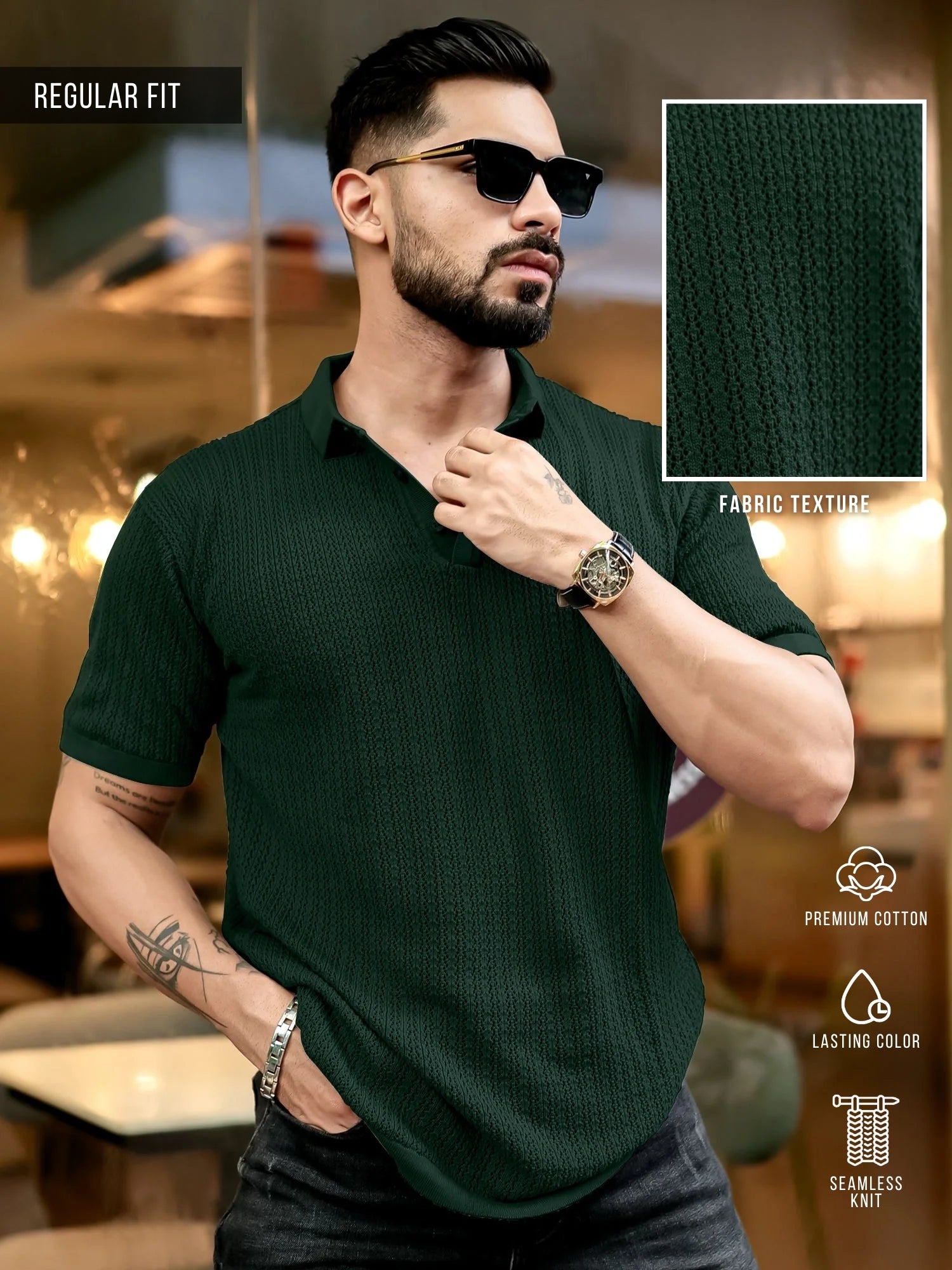 Men's Plain Jacquard Knit Polo Shirt, Regular Fit Casual Short Sleeve Button Front Green Top for Summer, Fashion Clothes for Daily Wear