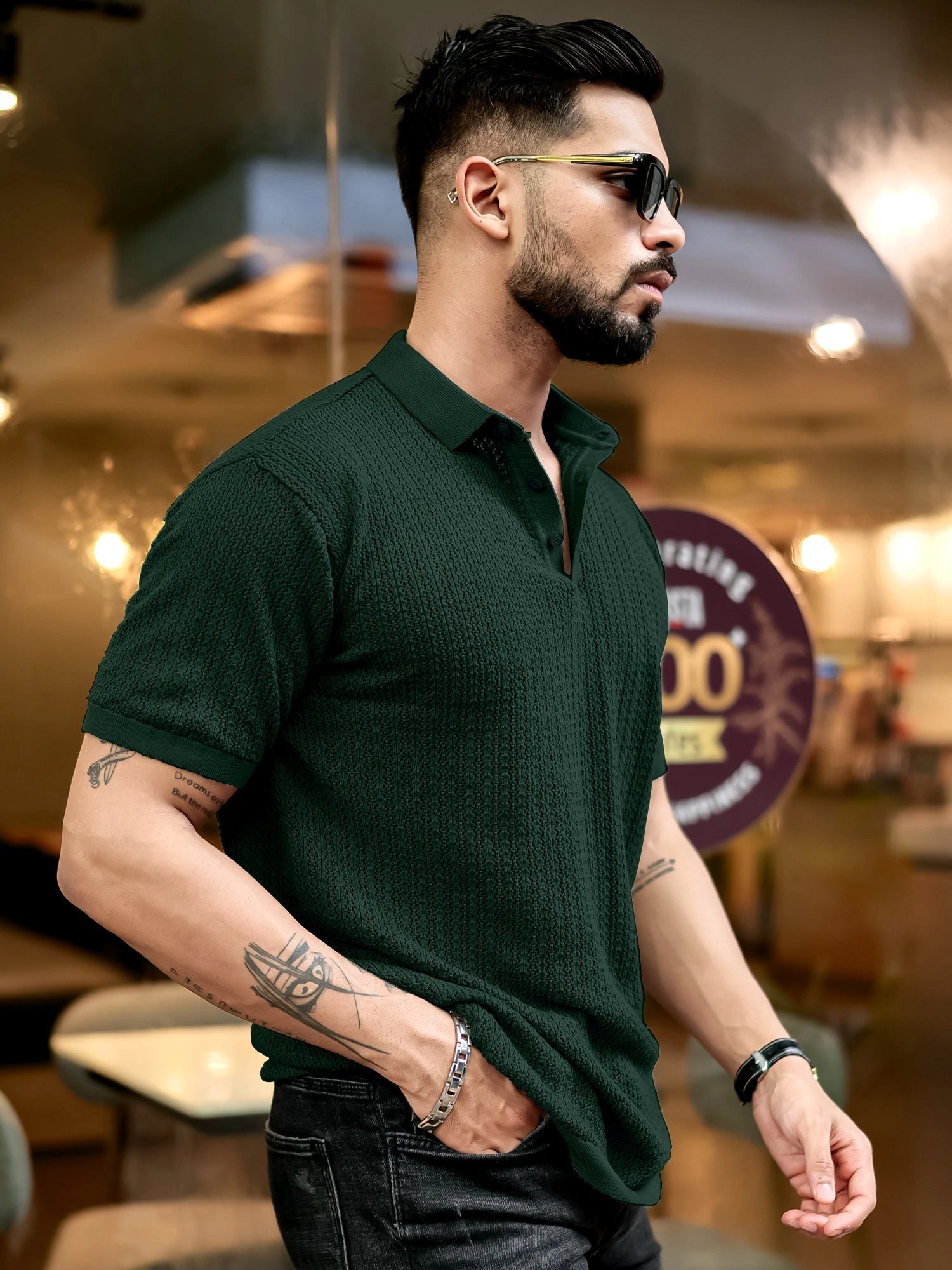 Men's Plain Jacquard Knit Polo Shirt, Regular Fit Casual Short Sleeve Button Front Green Top for Summer, Fashion Clothes for Daily Wear