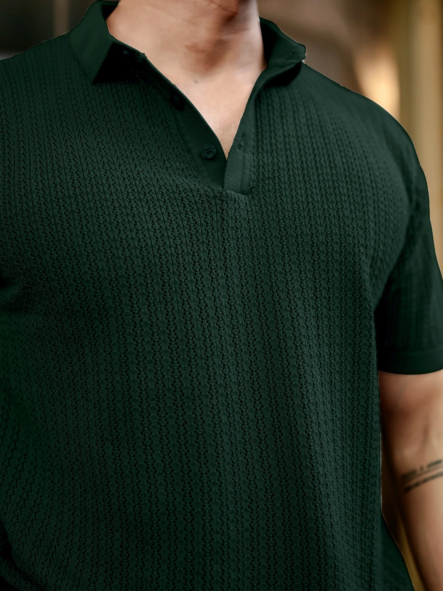 Men's Plain Jacquard Knit Polo Shirt, Regular Fit Casual Short Sleeve Button Front Green Top for Summer, Fashion Clothes for Daily Wear