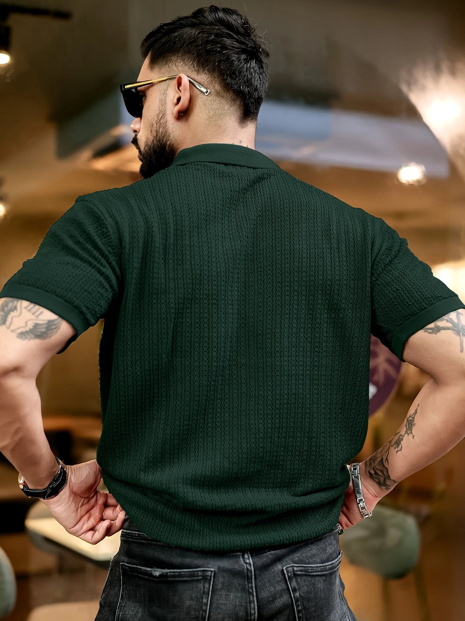 Men's Plain Jacquard Knit Polo Shirt, Regular Fit Casual Short Sleeve Button Front Green Top for Summer, Fashion Clothes for Daily Wear
