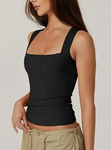 Women's Square Neck Sleeveless Double-Layer Tank Tops Basic Tight T Shirts short