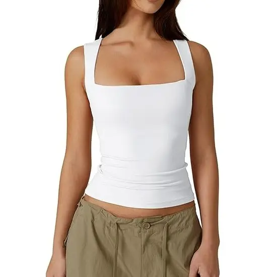 Women's Square Neck Sleeveless Double-Layer Tank Tops Basic Tight T Shirts short