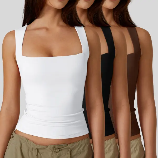 Women's Square Neck Sleeveless Double-Layer Tank Tops Basic Tight T Shirts short