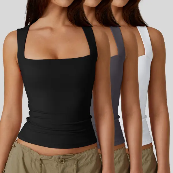 Women's Square Neck Sleeveless Double-Layer Tank Tops Basic Tight T Shirts short