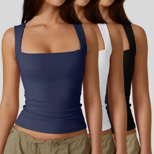 Women's Square Neck Sleeveless Double-Layer Tank Tops Basic Tight T Shirts short
