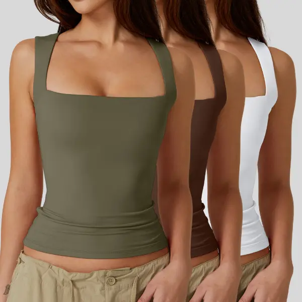 Women's Square Neck Sleeveless Double-Layer Tank Tops Basic Tight T Shirts short