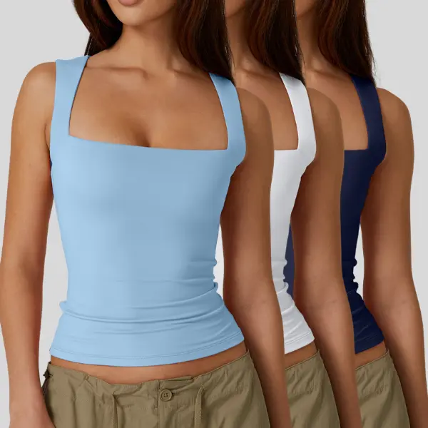 Women's Square Neck Sleeveless Double-Layer Tank Tops Basic Tight T Shirts short