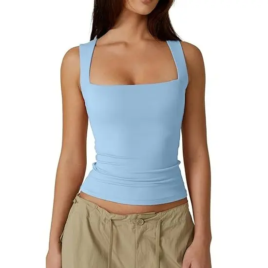 Women's Square Neck Sleeveless Double-Layer Tank Tops Basic Tight T Shirts short