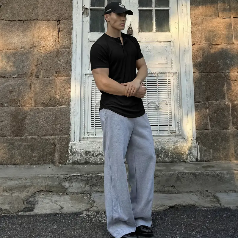 Men's Plain Muscle Slim Fitted Henley Shirts Crewneck Longline T-Shirt - Men's Classic Streetwear Clothing for Daily Wear