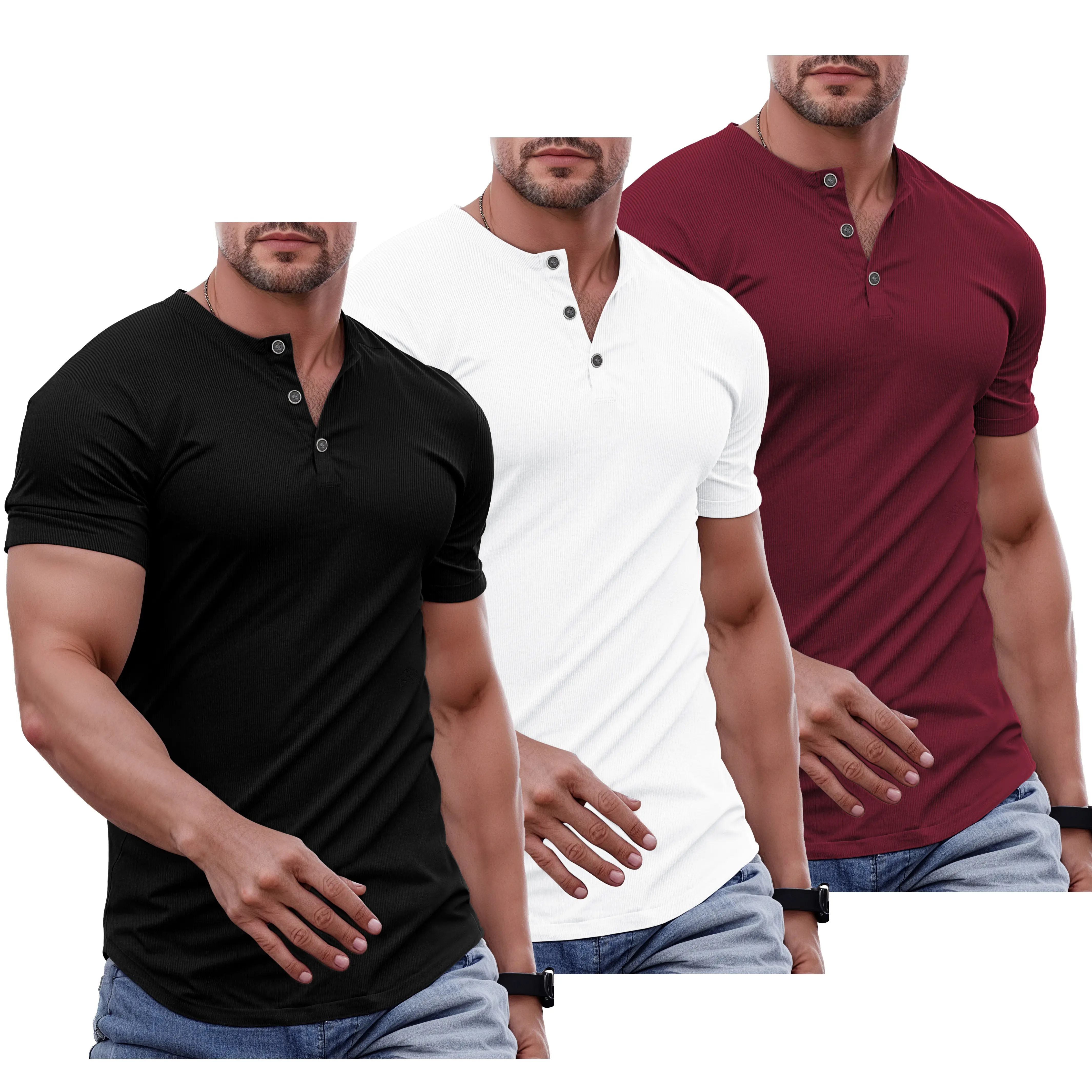 Men's Plain Muscle Slim Fitted Henley Shirts Crewneck Longline T-Shirt - Men's Classic Streetwear Clothing for Daily Wear