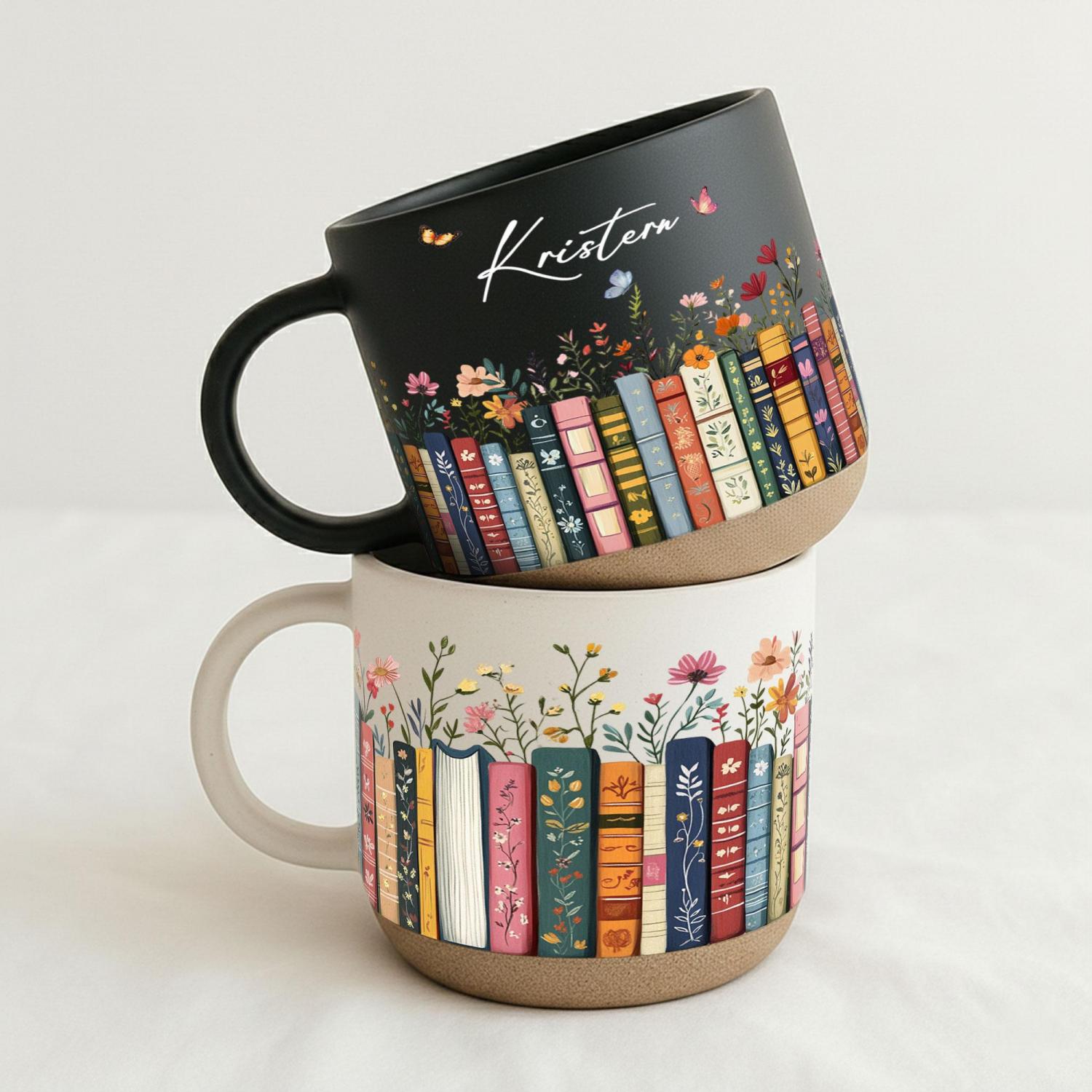 Vintage Bookshelf Library Pottery Mug Book Lover Gift, Floral Bookish Gifts For Reader, Reading Coffee Cup