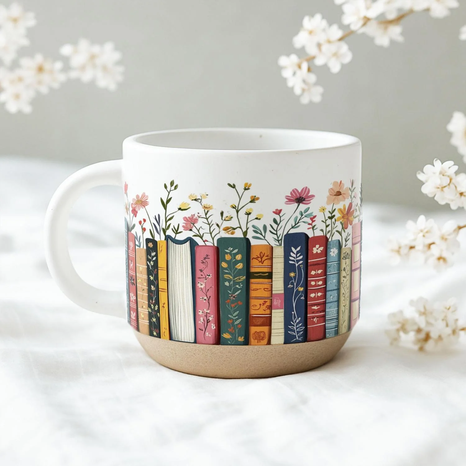 Vintage Bookshelf Library Pottery Mug Book Lover Gift, Floral Bookish Gifts For Reader, Reading Coffee Cup