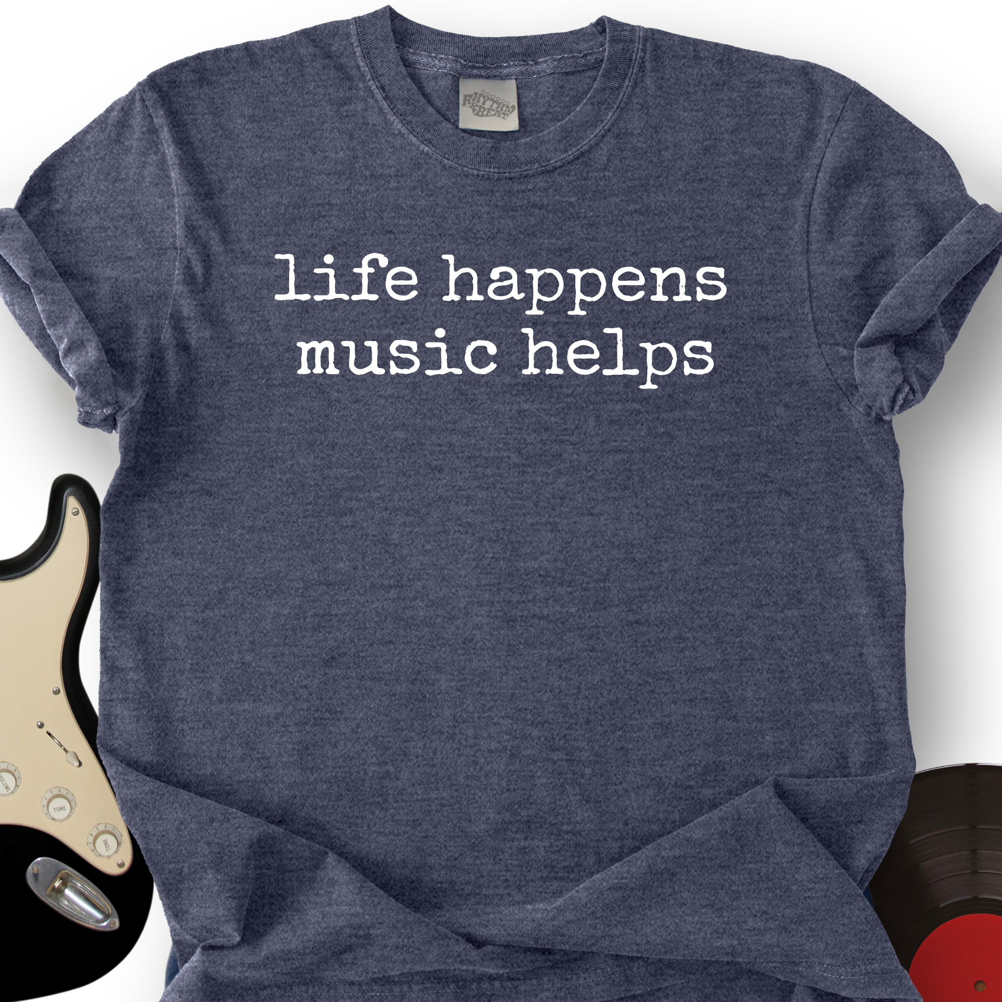 Life Happens, Music Helps | Vintage Charcoal Graphic Tee - Premium Essential