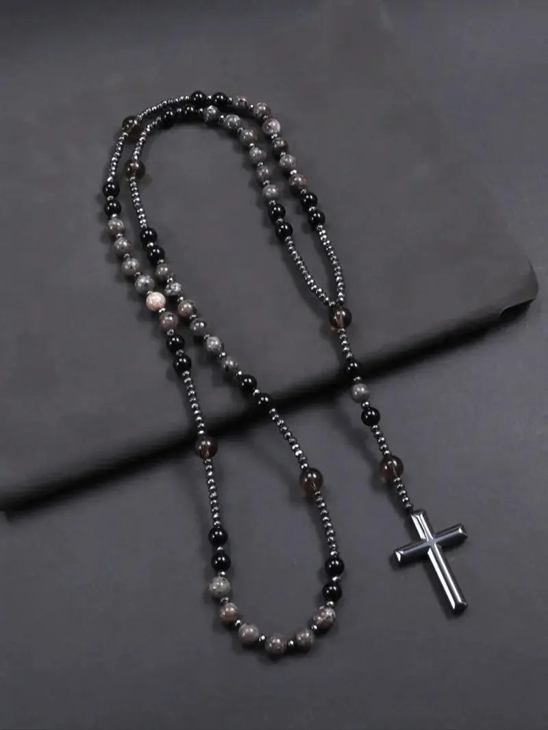 Eclat Mystique Natural Obsidian Yooperlite Rosary Necklace UV Reactive Protection Necklace Hematite Stone Cross Pendant Necklace Gift for her, gift for him