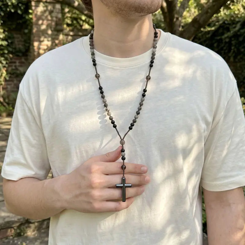 Eclat Mystique Natural Obsidian Yooperlite Rosary Necklace UV Reactive Protection Necklace Hematite Stone Cross Pendant Necklace Gift for her, gift for him