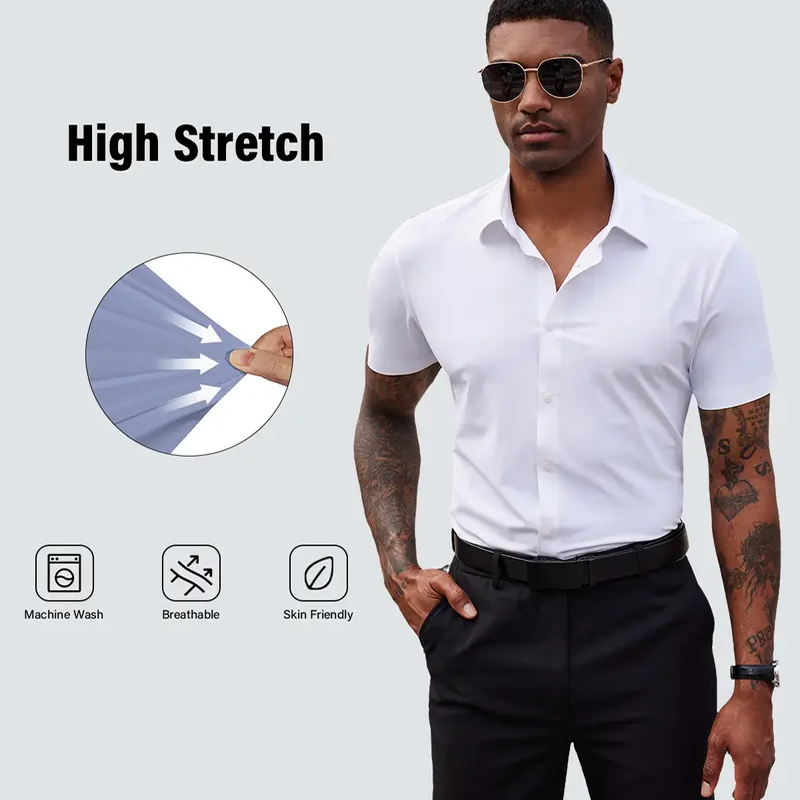 Men's Elastic Solid-Color Short-Sleeve Casual Shirt