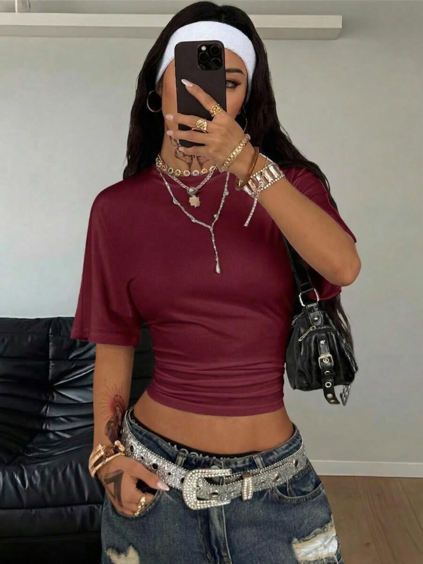 Women's Summer Casual Everyday Y2K Basic Loose Ruched Short T-Shirt, Elastic Street Style Tee for Daily Wear & Back to School