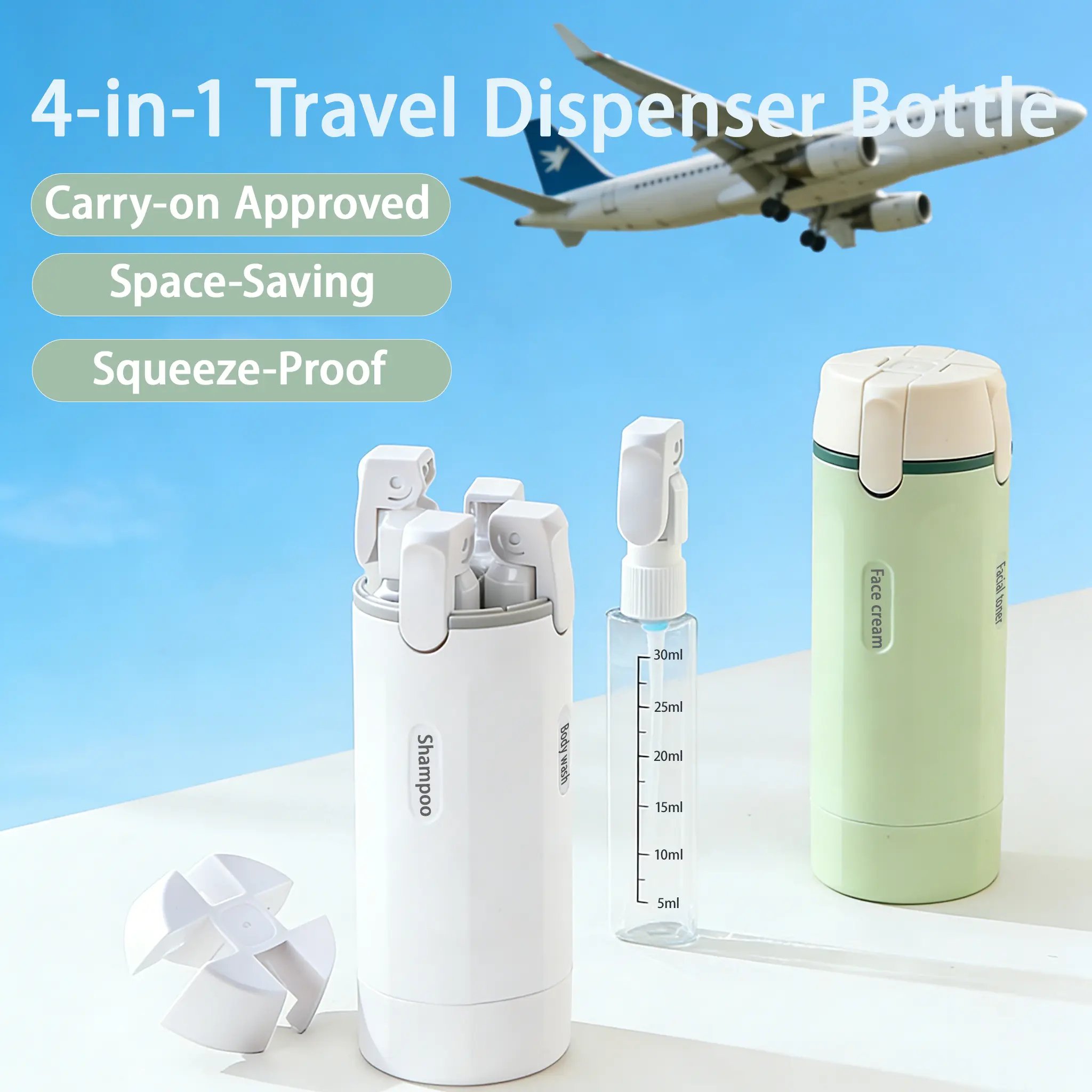 4 in 1 Travel Dispenser, Leak-Proof Refillable Silicone Squeeze Container with Lock, Compact and Lightweight Toiletry Organizer