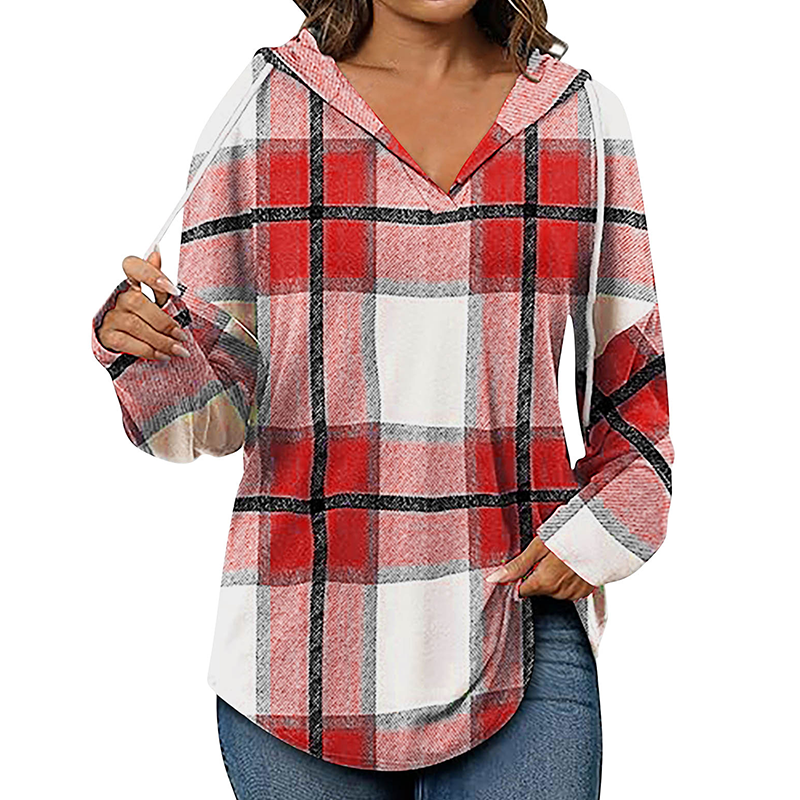 💖2026 Autumn’s Sale 70% OFF✨🍂Easy Everyday Comfort | Women's Plaid Hooded Drawstring V-Neck Shirt