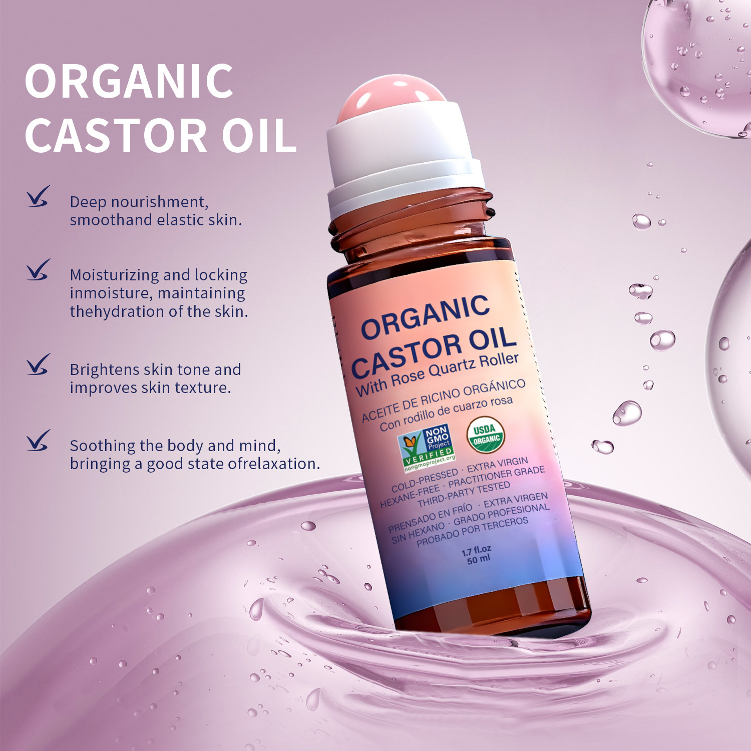 Organic Castor Oil With Rose Quartz Roll-On