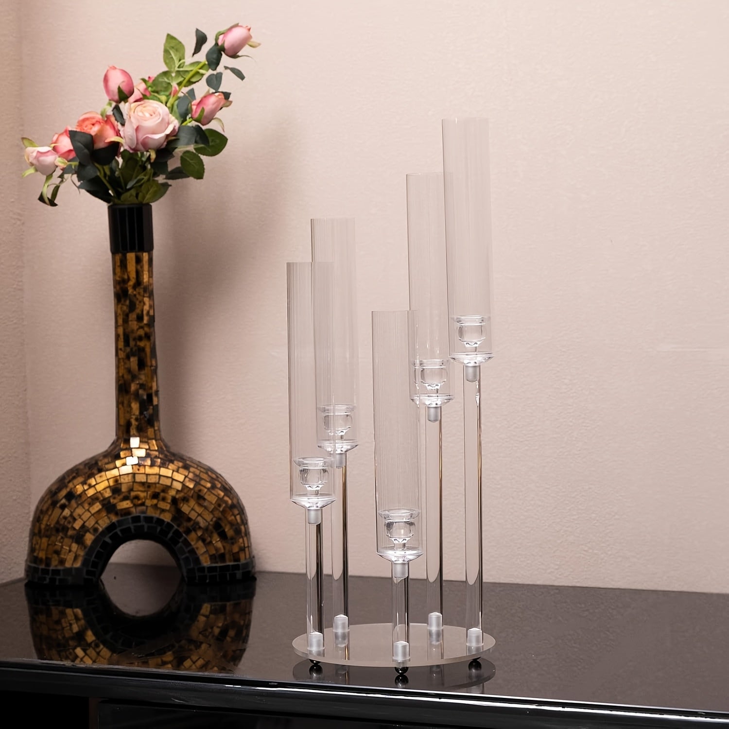 1pc 5-Arm Acrylic Candelabra Candle Holder – Elegant Clear Tabletop Ce