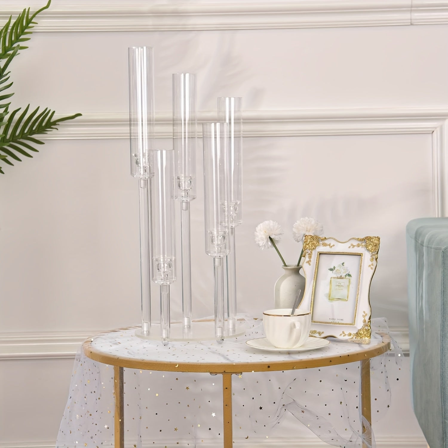 1pc 5-Arm Acrylic Candelabra Candle Holder – Elegant Clear Tabletop Centerpiece