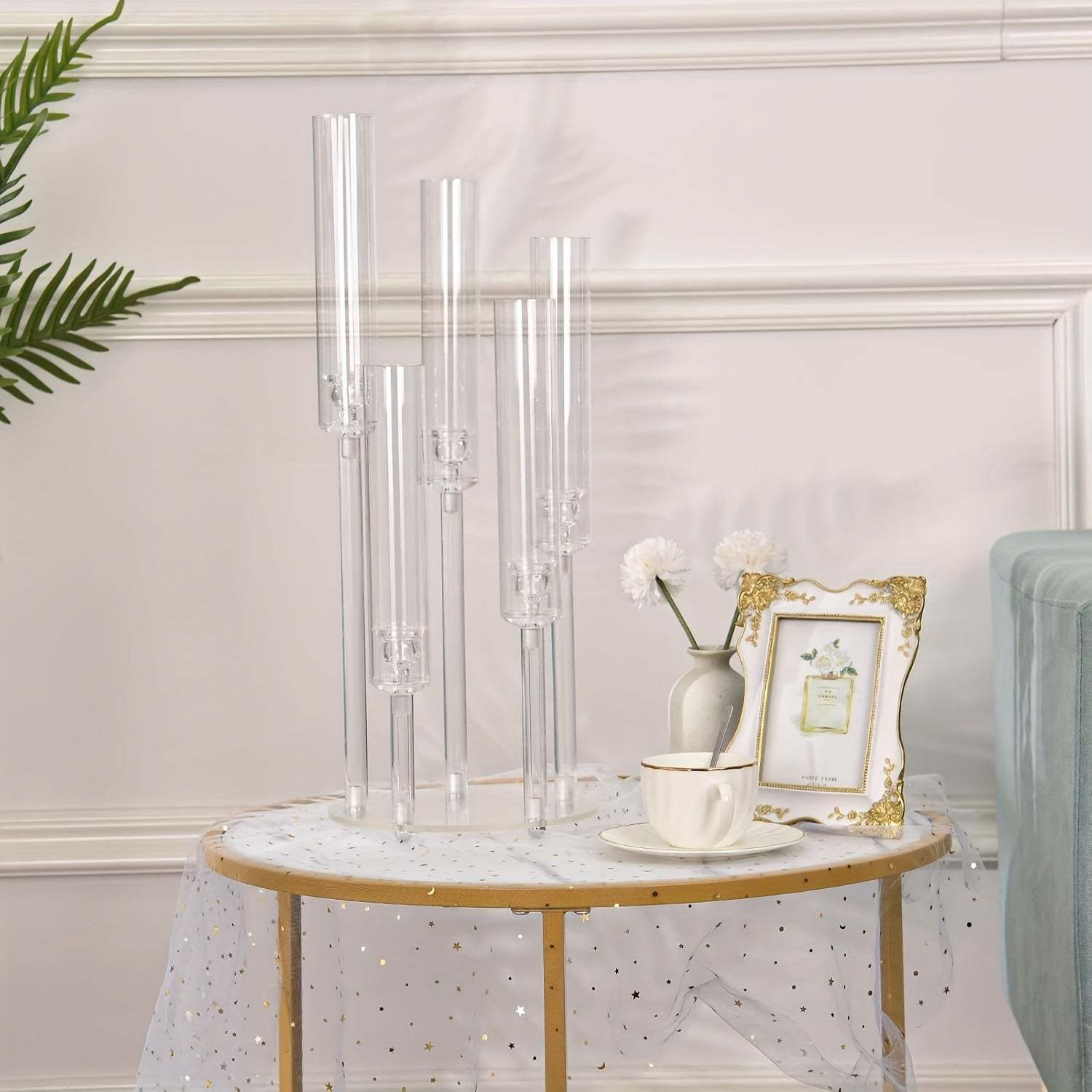 1pc 5-Arm Acrylic Candelabra Candle Holder – Elegant Clear Tabletop Centerpiece