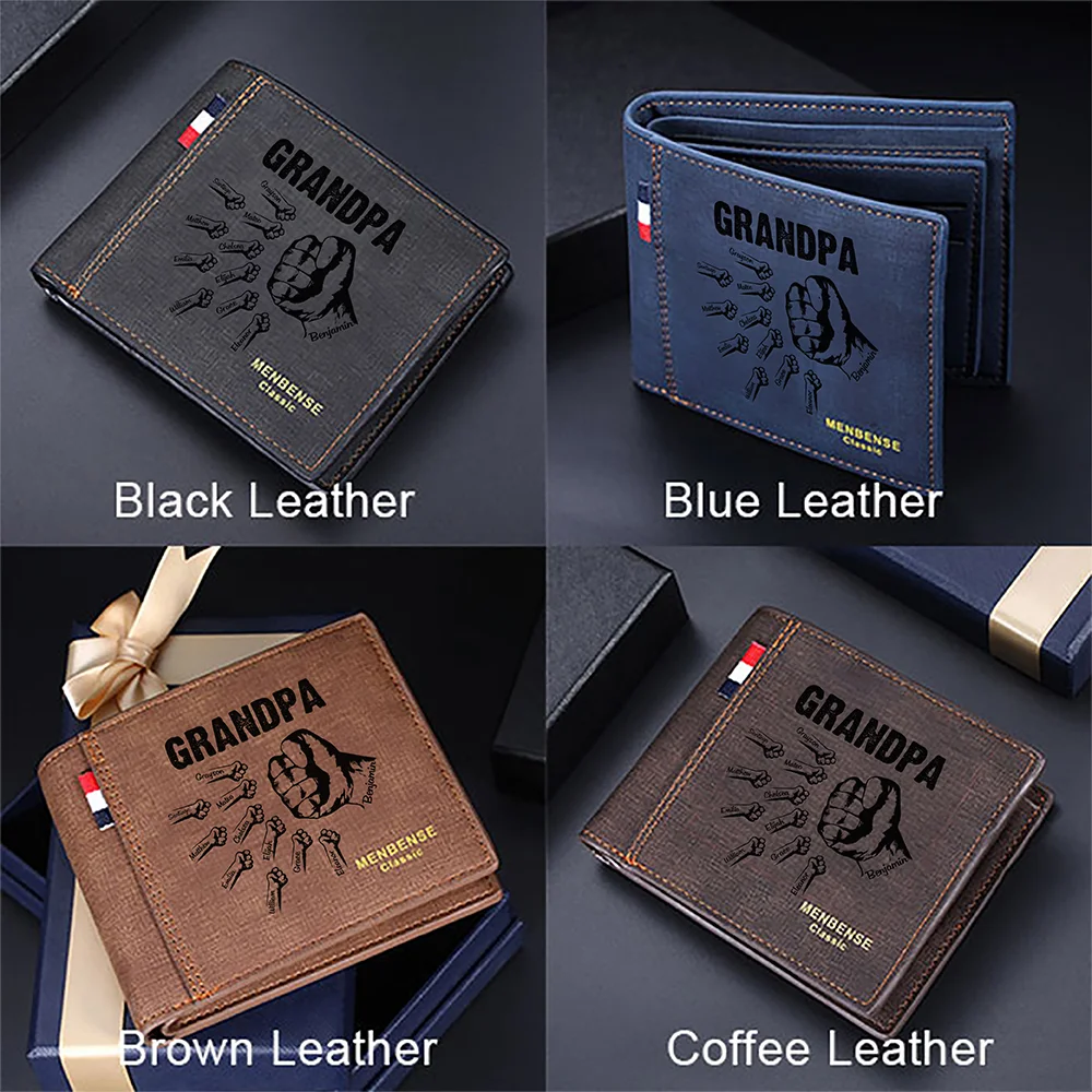 Personalized 1-12 Fists Bump Leather Wallet with Engraved Names Father's Day Birthday Gift for Dad Grandpa