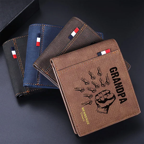 Personalized 1-12 Fists Bump Leather Wallet with Engraved Names Father's Day Birthday Gift for Dad Grandpa