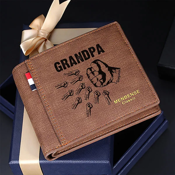 Personalized 1-12 Fists Bump Leather Wallet with Engraved Names Father's Day Birthday Gift for Dad Grandpa