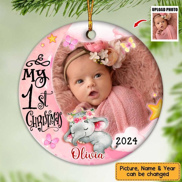 My First Christmas Elephant - Personalized Photo Ceramic Ornament