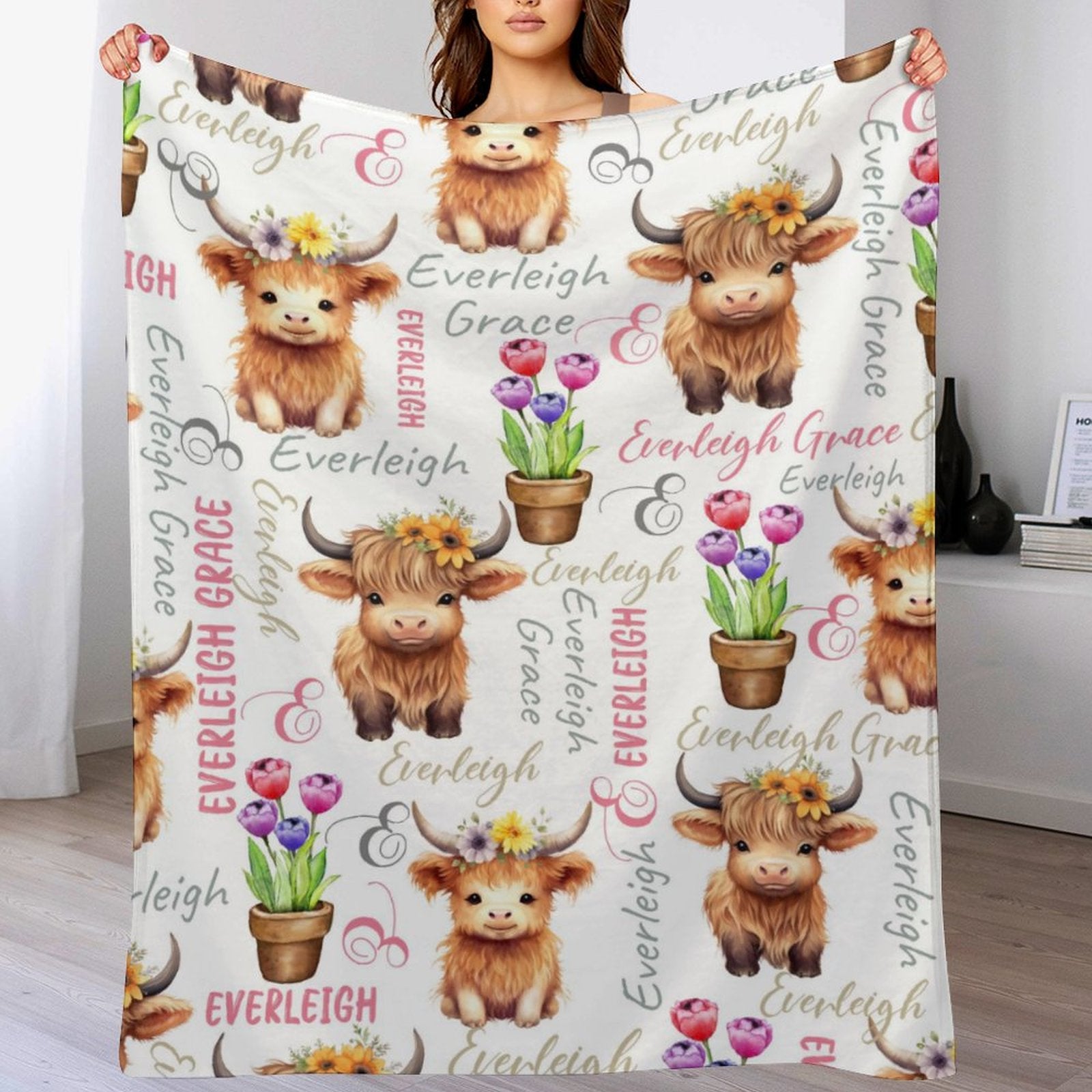 Free ShippingPersonalized Name Baby Blanket Girl Animal Cow Blanket