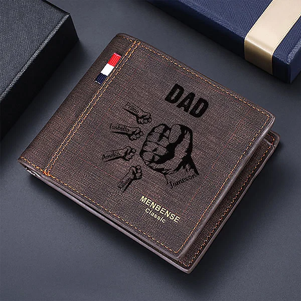 Personalized 1-12 Fists Bump Leather Wallet with Engraved Names Father's Day Birthday Gift for Dad Grandpa