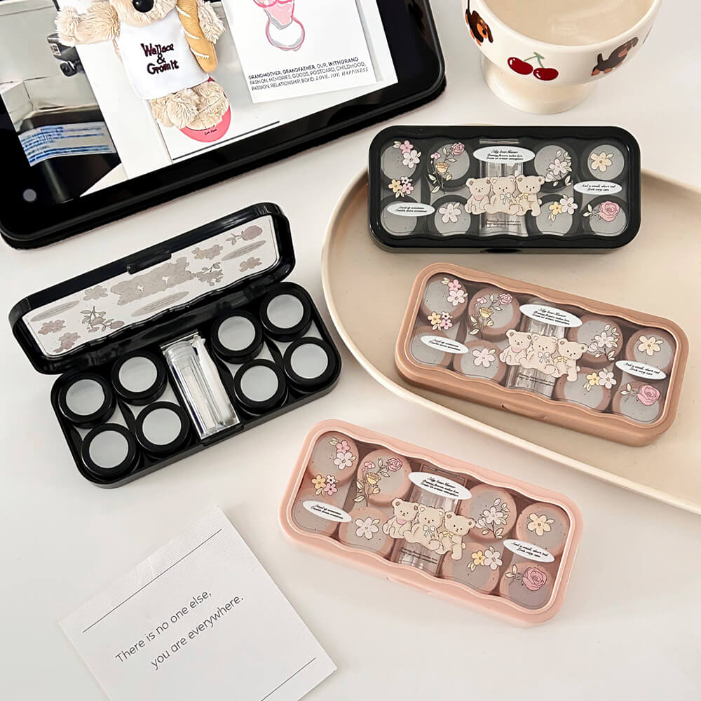 4-Pair Floral Bear Contact Lens Storage Box Case with Mirror