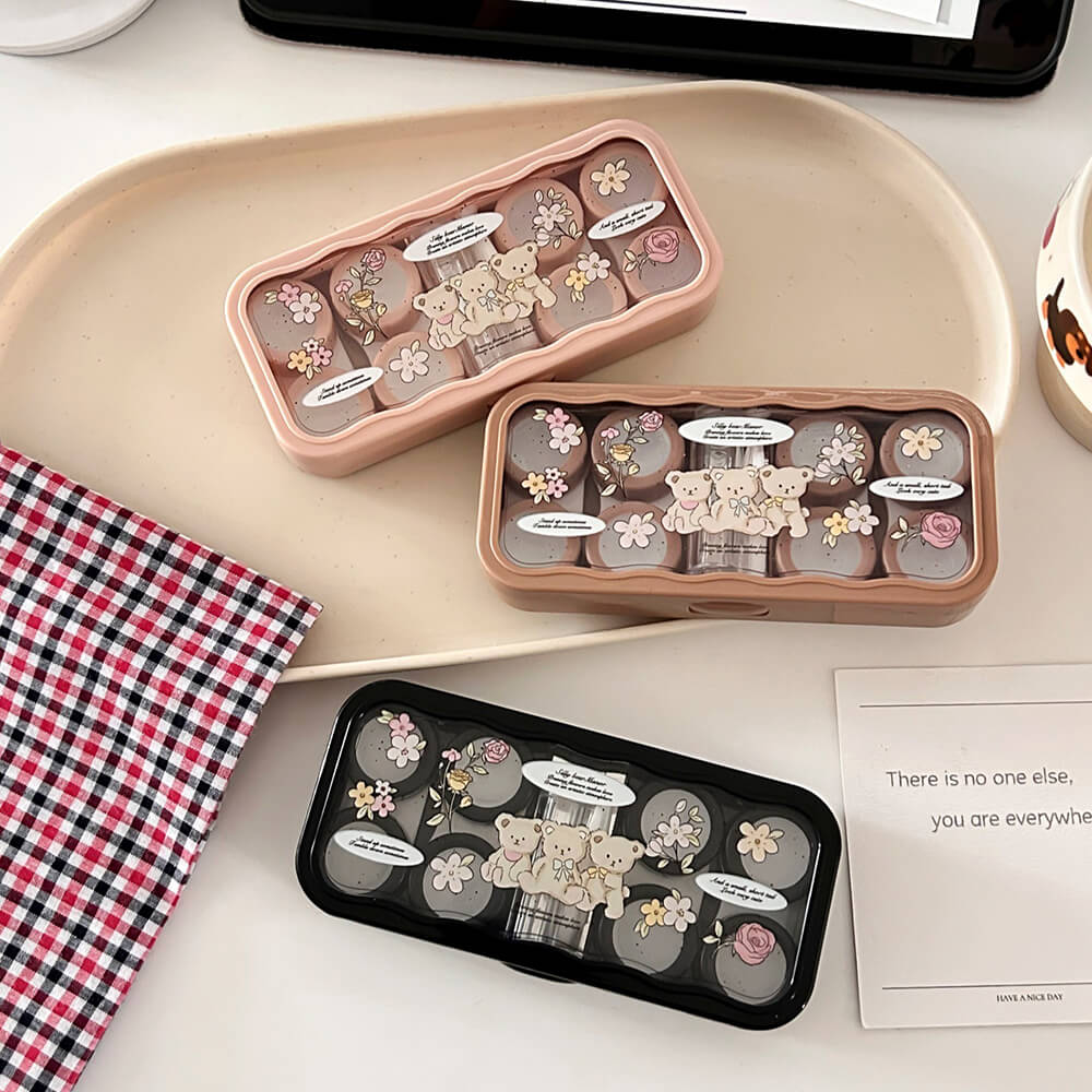 4-Pair Floral Bear Contact Lens Storage Box Case with Mirror