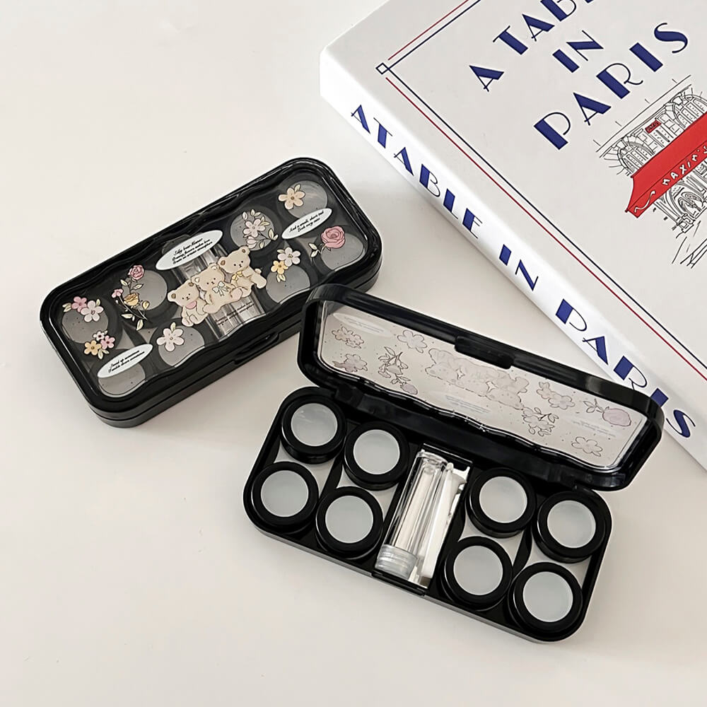 4-Pair Floral Bear Contact Lens Storage Box Case with Mirror