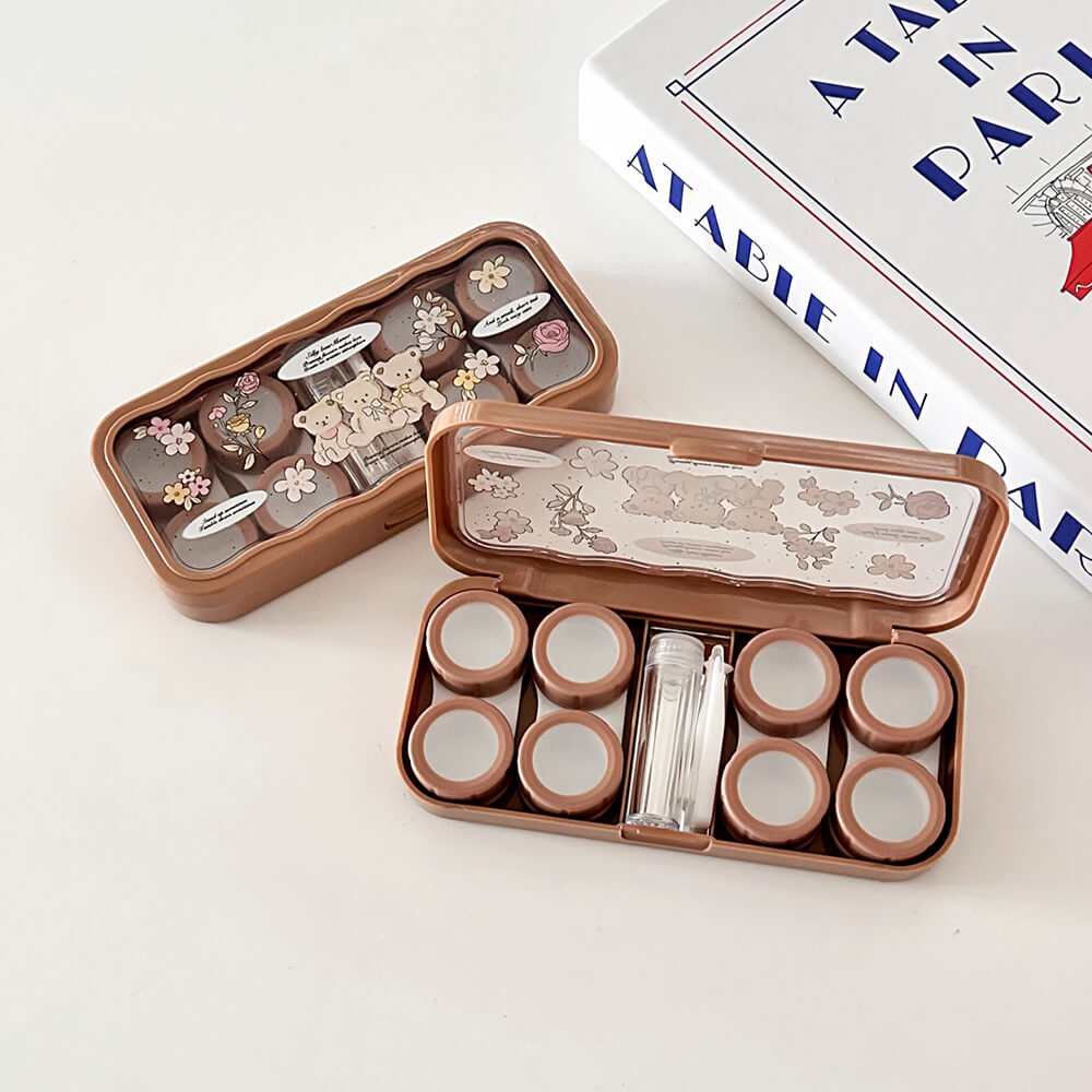 4-Pair Floral Bear Contact Lens Storage Box Case with Mirror