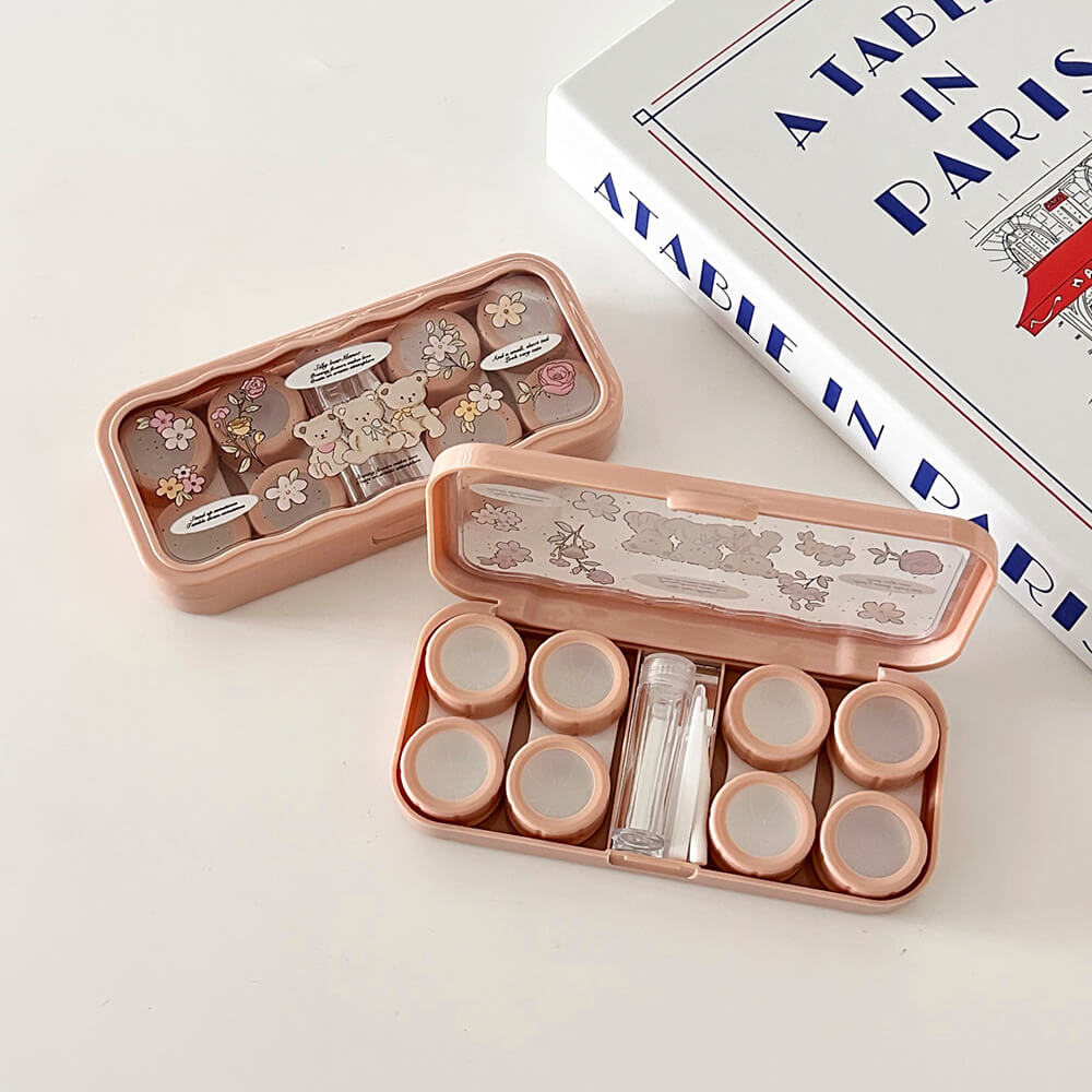 4-Pair Floral Bear Contact Lens Storage Box Case with Mirror
