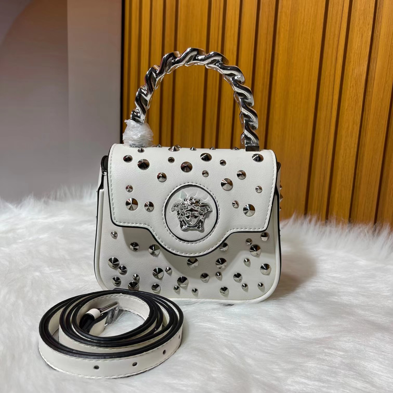 Versace New handbags with rivets decoration silver metal handle and shoulder belts