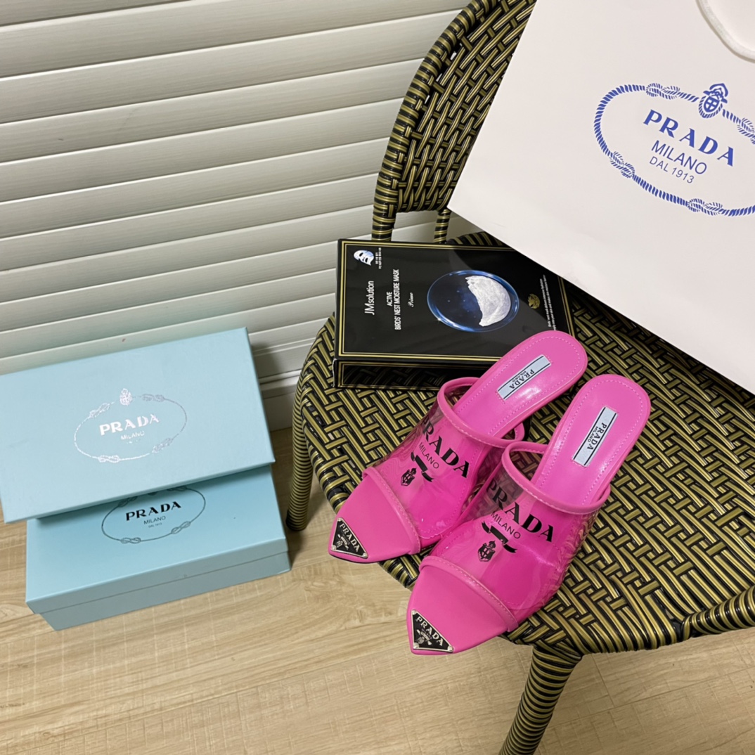 prada pointy transparent high heels slippers pink