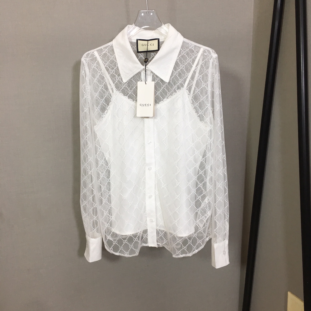 Gucci new double G letter mesh see-through lapel long-sleeved temperament suspender shirt