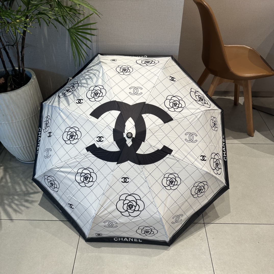 Chanel Mountain Camellia Pattern Trifold Automatic Folding Umbrella