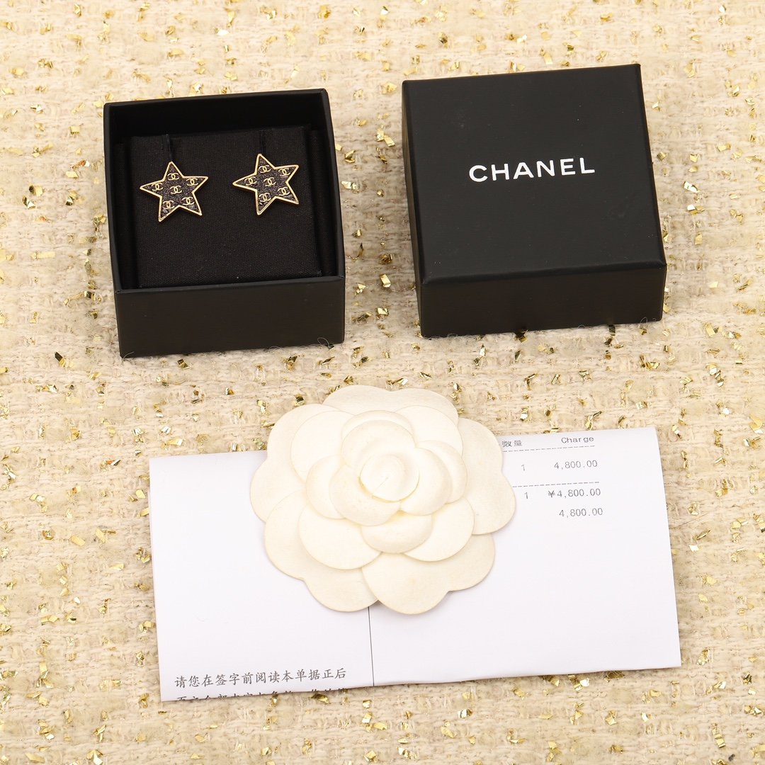 Chanel New Five pointed Star Black Enamel Earrings