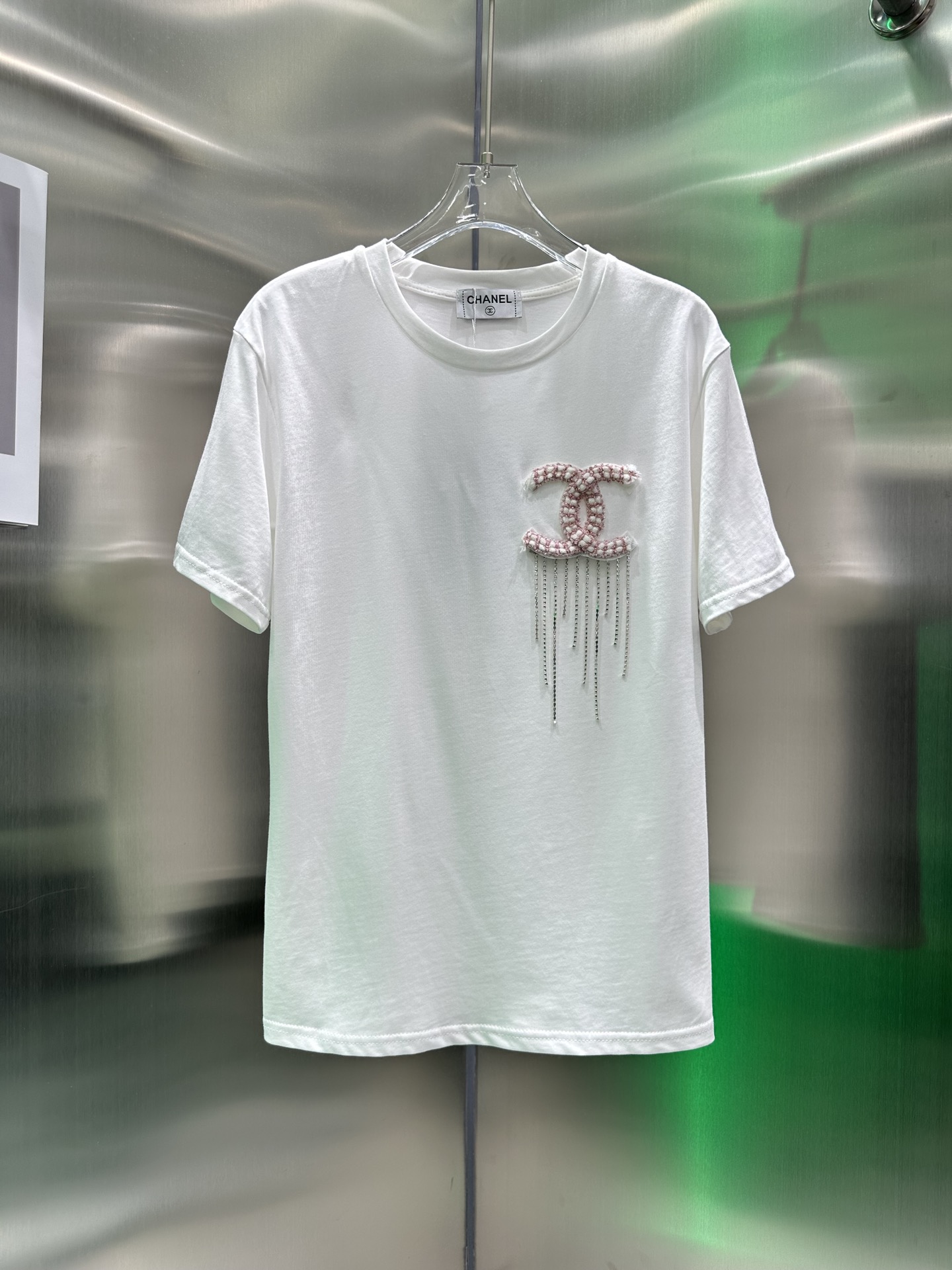 Chanel logo three-dimensional wool tassel diamond letter double C round neck short-sleeved T-shirt