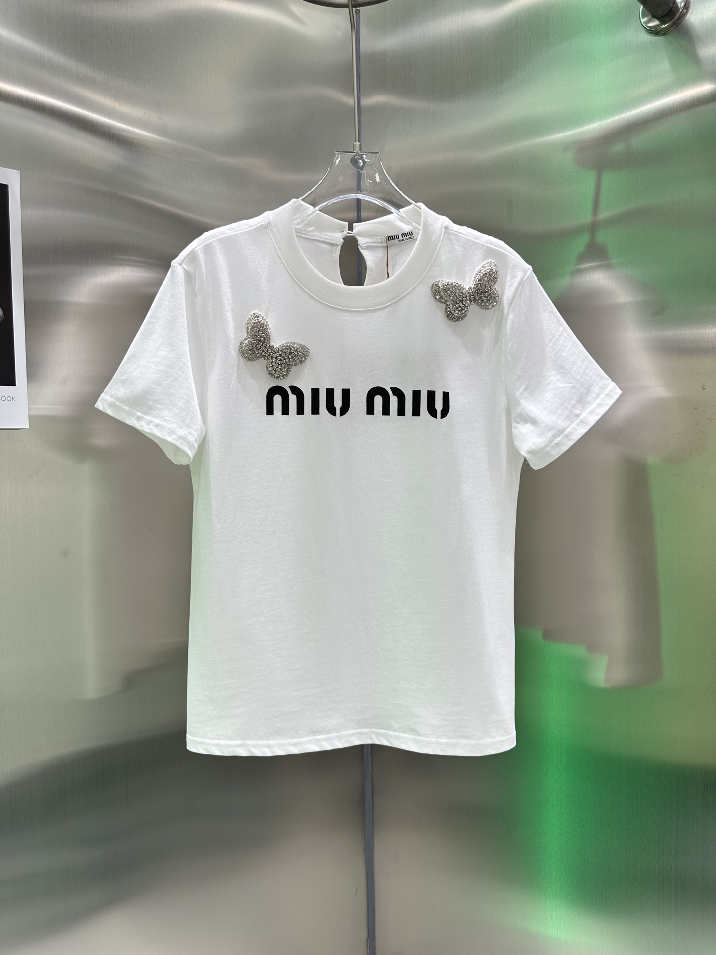 MiuMiu 24ss early spring new heavy industry rhinestone butterfly T-shirt