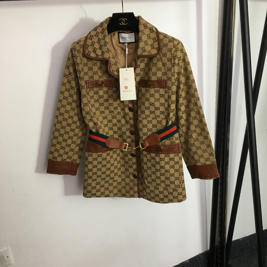 Gucci new double G jacquard letter lapel long-sleeved leather suit jacket + leather webbing high-waisted mid-length back slit skirt