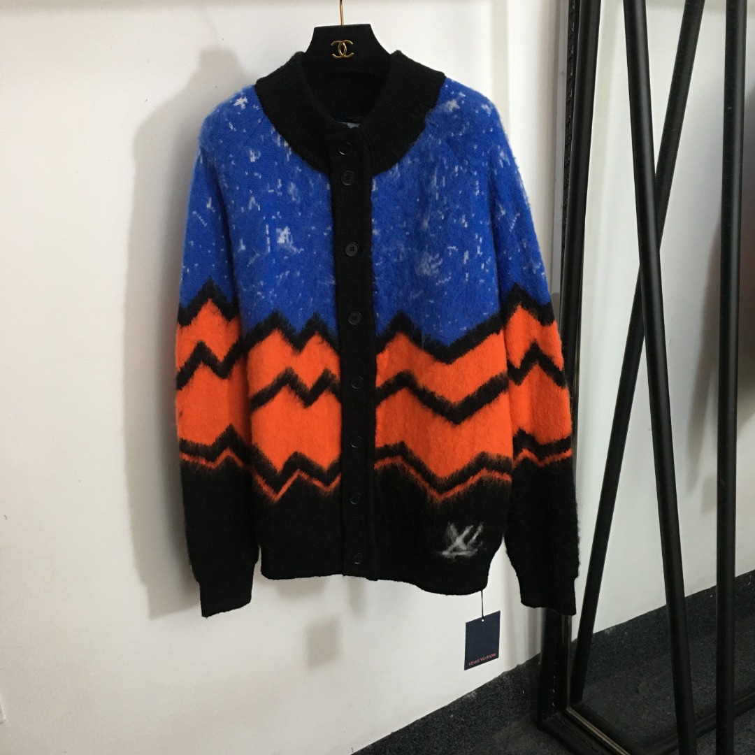 LV new contrast striped mohair knitted long-sleeved cardigan jacket