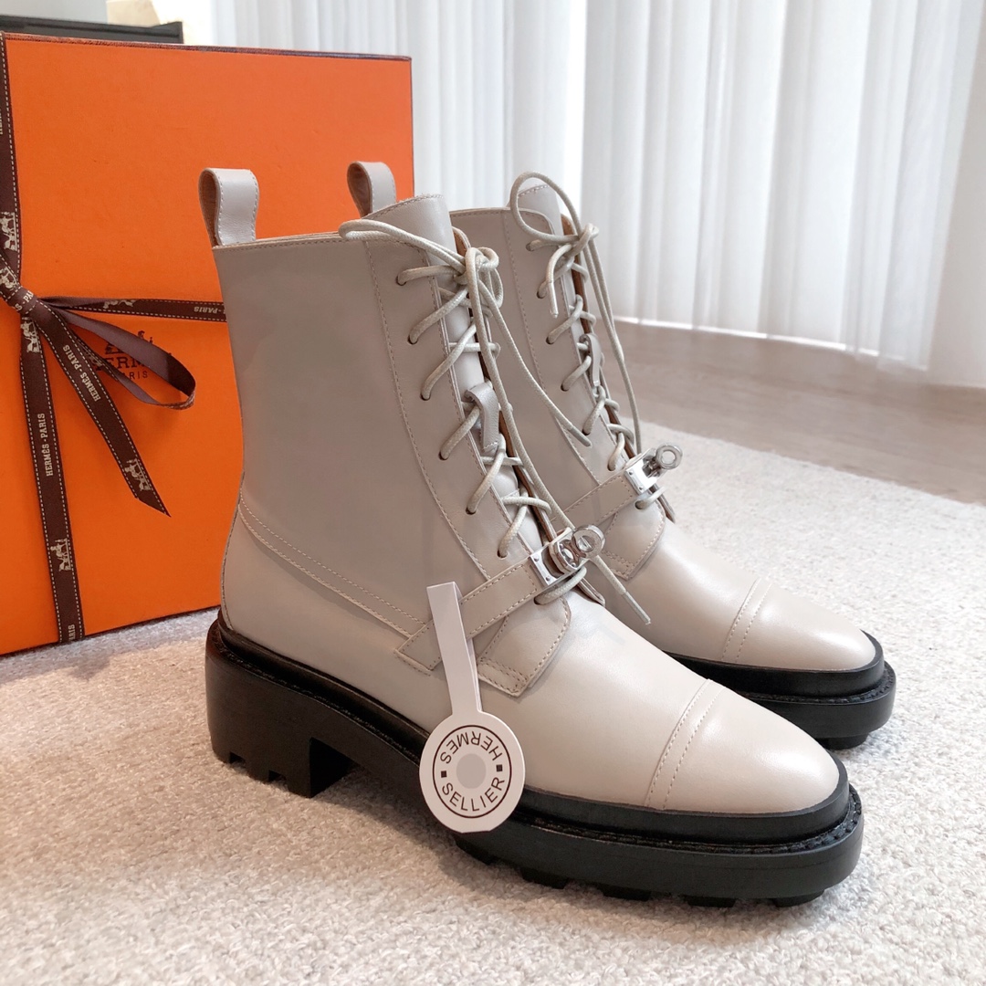 Hermes new lace-up platform mid-calf ankle boots 
