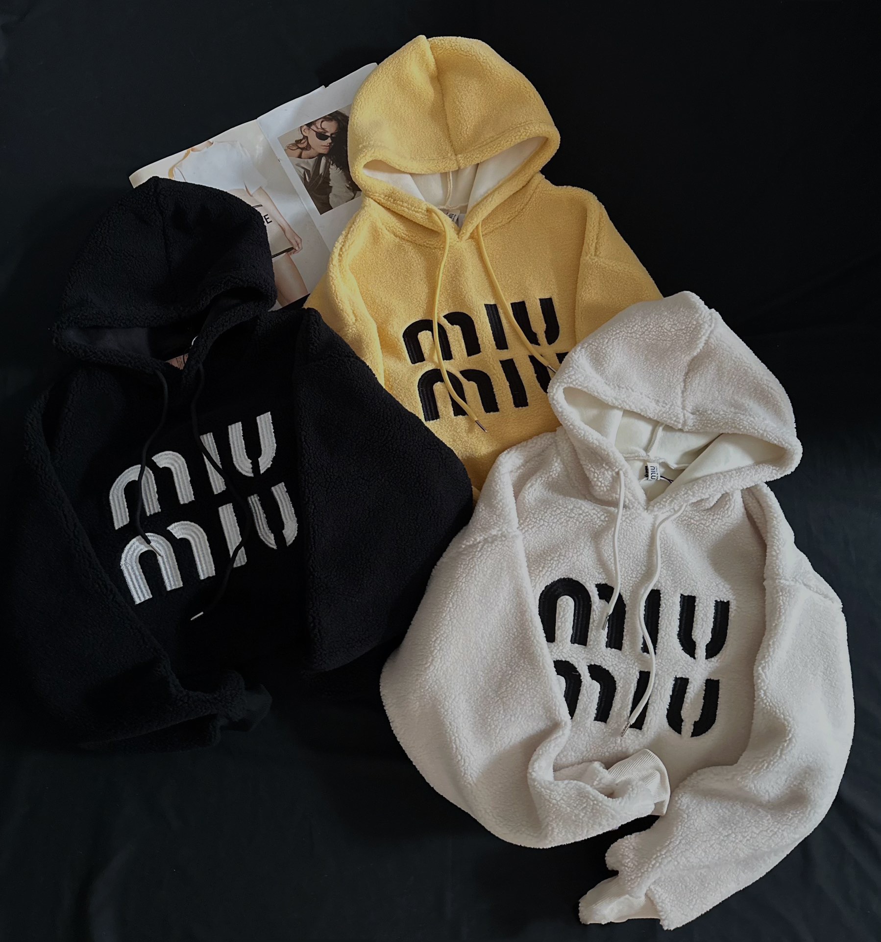 Miu Miu embroidered logo sherpa lining with silver fox velvet hooded sweatshirt